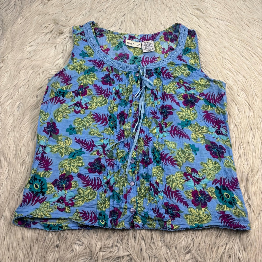 Vintage Y2K White Stag Women's M Floral Beaded Top Embroidered Laced Neckline